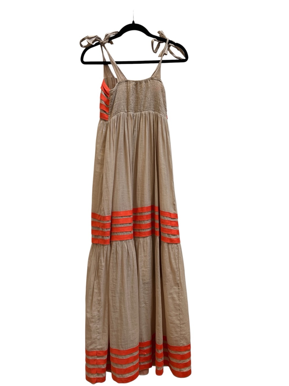A’reve Tiered Maxi Sundress Small Beige Coral Orange Ribbon Boho Coastal Grandma - Picture 3 of 6